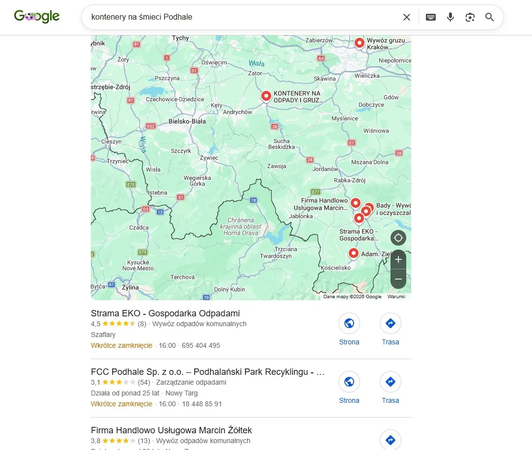 Pozycja 1 w localpack Map Google