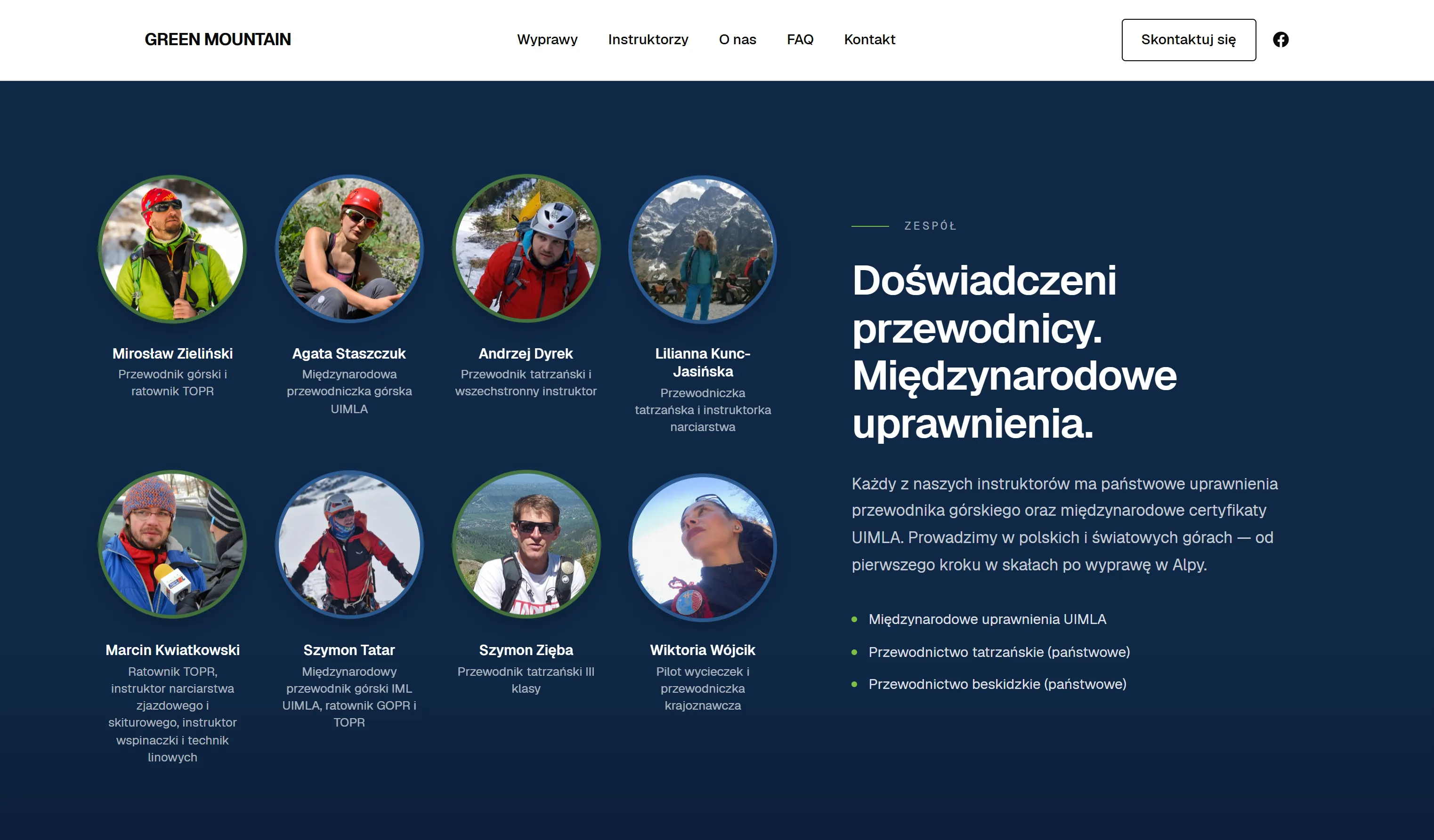 Sekcja zespołu: ośmioro przewodników i instruktorów ze zdjęciami, nazwiskami i uprawnieniami UIMLA, TOPR oraz przewodnictwo tatrzańskie