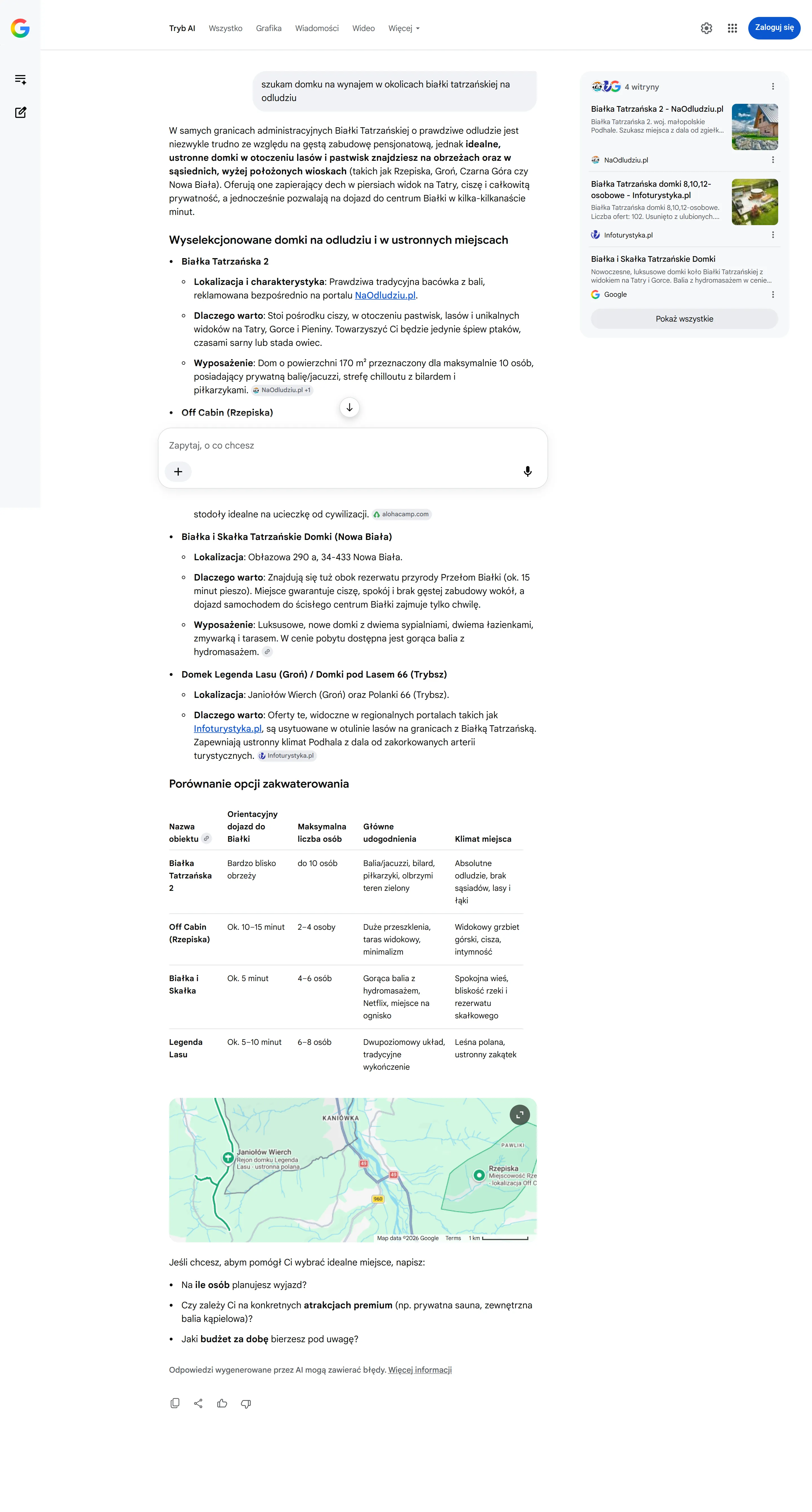 Wynik Google AI Mode polecający domek Legenda Lasu przy zapytaniu o domki na odludziu koło Białki Tatrzańskiej