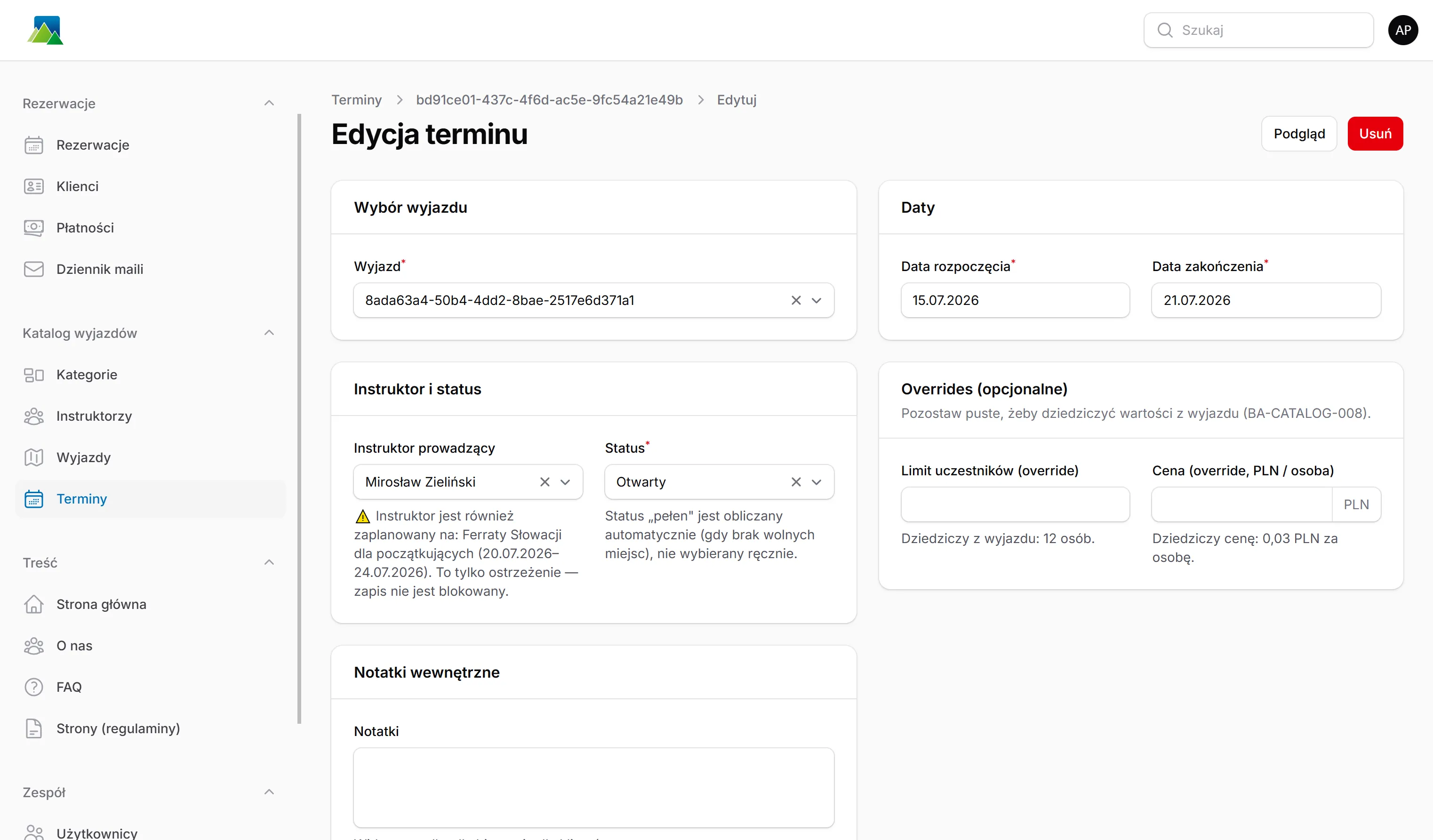 Panel biura, edycja terminu: daty, instruktor, status, nadpisania limitu i ceny oraz ostrzeżenie o kolizji terminów instruktora