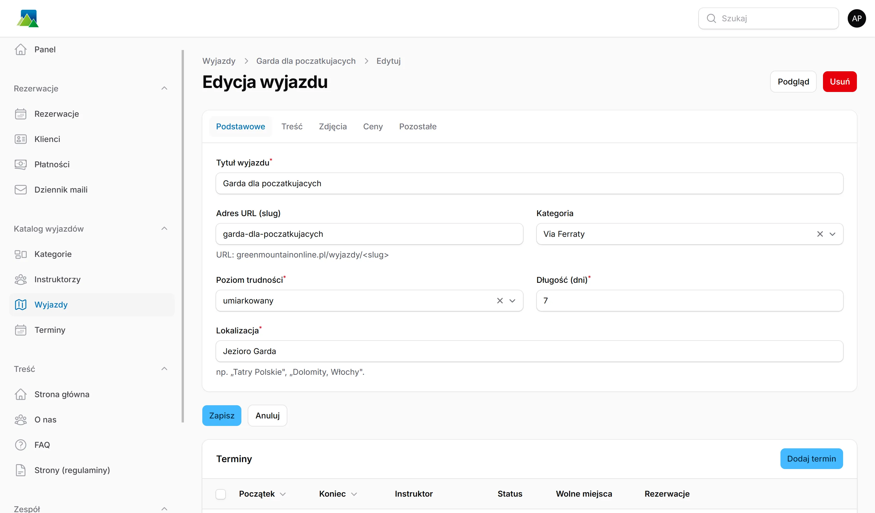 Panel biura, edycja wyjazdu: tytuł, adres URL, kategoria, poziom trudności, długość i lokalizacja wraz z listą terminów