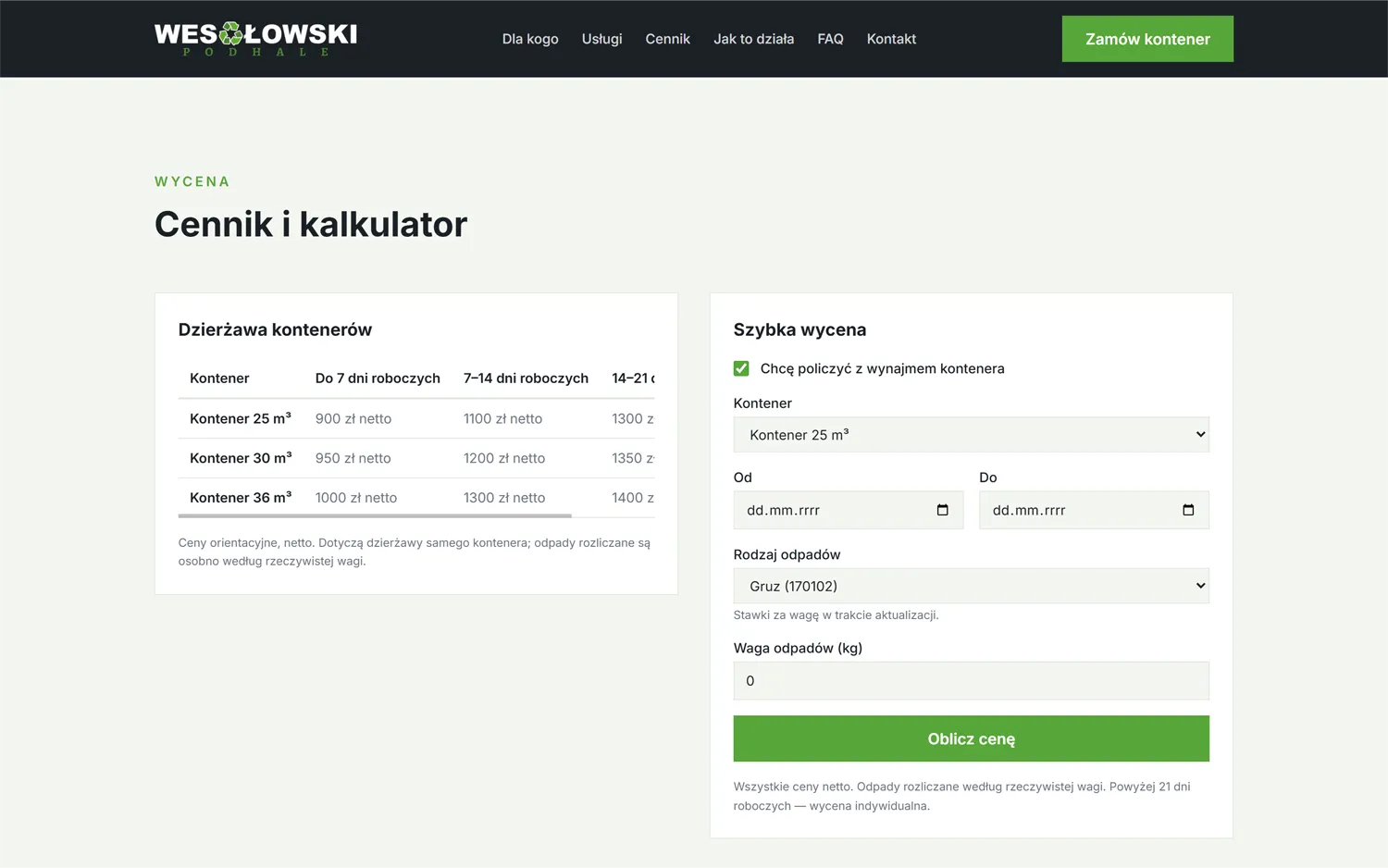 Sekcja usług i typów odpadów: wywóz gruzu, odpady budowlane, gabaryty, tworzywa sztuczne