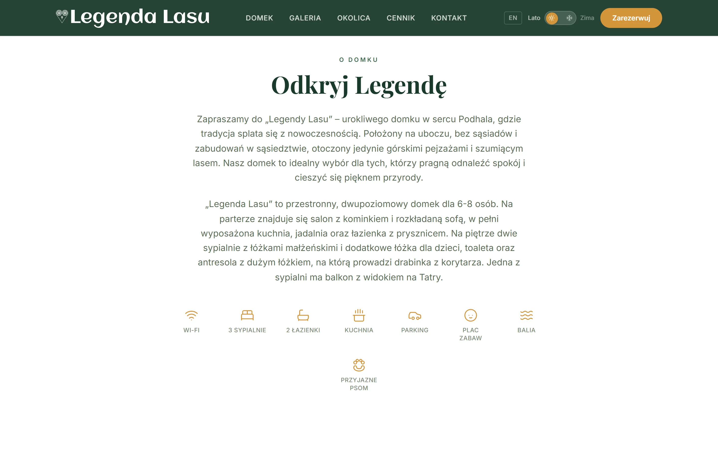 Sekcja o domku na stronie Legenda Lasu: opis wnętrza i ikony udogodnień, w tym Wi-Fi, balia i przyjazność psom