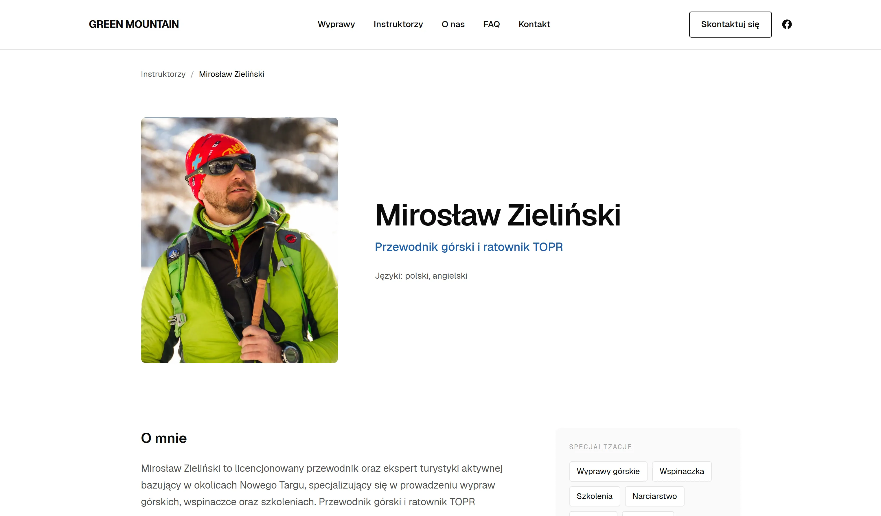 Profil instruktora Mirosława Zielińskiego: zdjęcie, tytuł przewodnika górskiego i ratownika TOPR, języki i specjalizacje