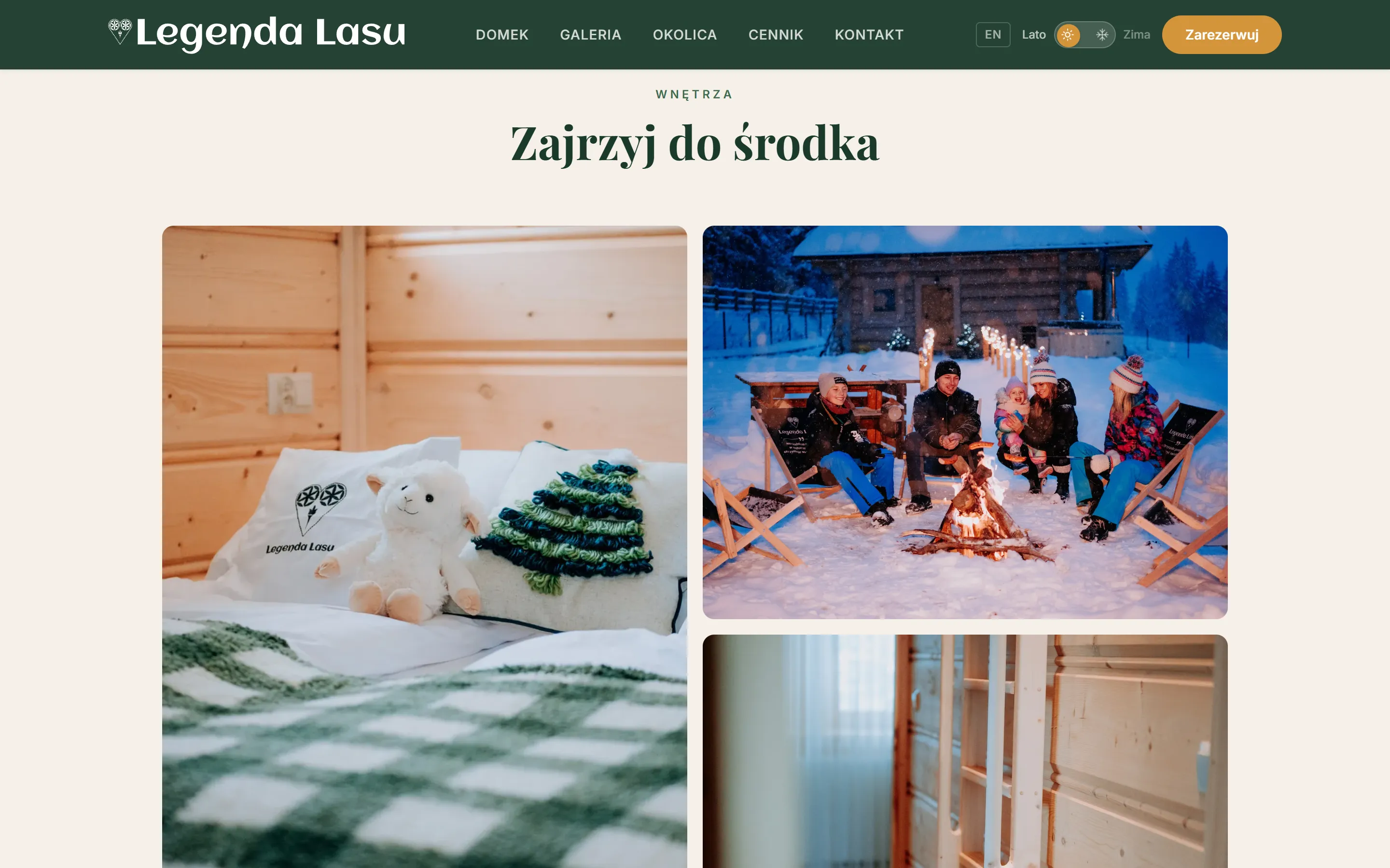 Galeria wnętrz na stronie Legenda Lasu: zdjęcia domku w siatce kafli z podglądem w lightboxie