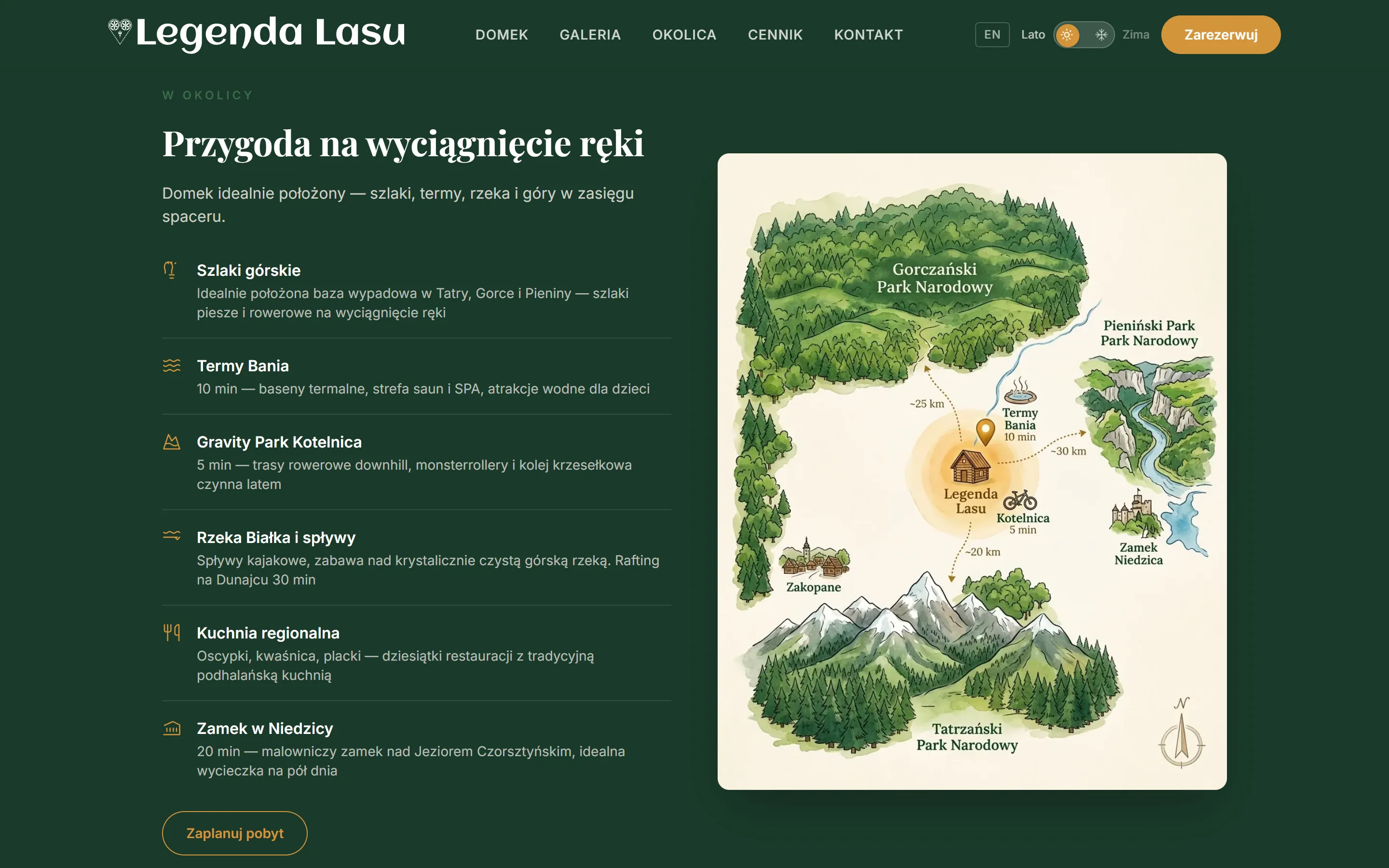 Ilustrowana mapa okolicy na stronie Legenda Lasu z odległościami do Zakopanego, Term Bania, Kotelnicy i Zamku Niedzica