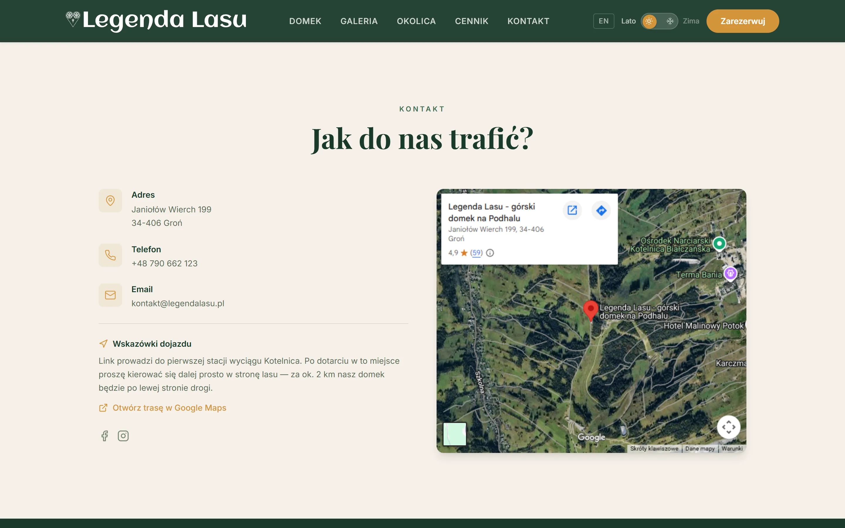 Sekcja kontaktu na stronie Legenda Lasu z mapą dojazdu, adresem w Groniu i wskazówkami do domku